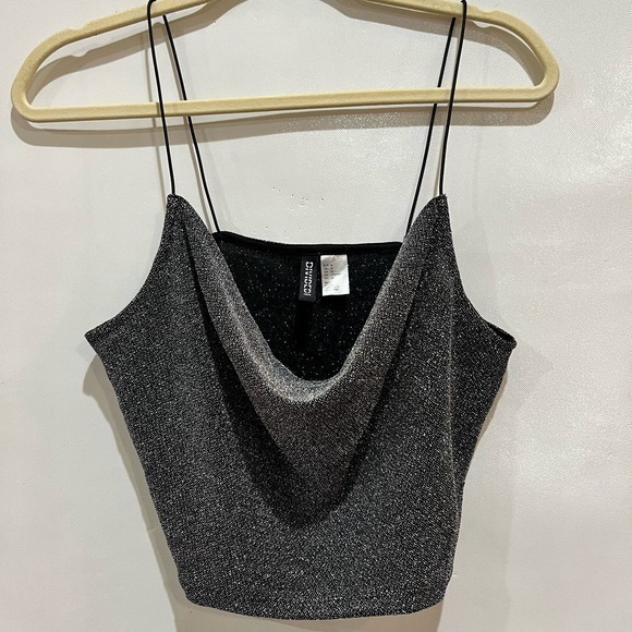 H & M Divided Womens Camisole‎ M Silver Sparkly Crop Spaghetti Strap - Picture 1 of 4